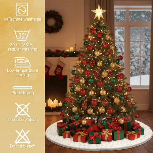Vista 4 de Libima Falda grande de árbol de Navidad de 60 pulgadas, color blanco con copos de nieve de lentejuelas doradas, falda de árbol de Navidad de piel