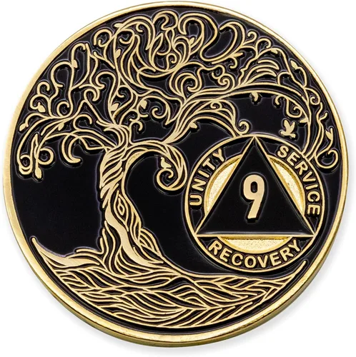 Vista 253 de 1 año Sobriety Mint Twisted Tree of Life Medallón de recuperación AA chapado en oro, chip/ficha - negro