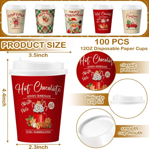 Vista 2 de Gerrii Juego de 100 vasos de papel de Navidad desechables de 12 onzas con tapas, tazas de chocolate caliente, tazas de café, tazas calientes