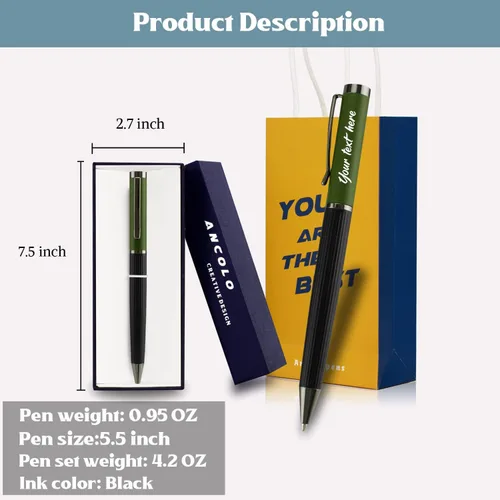 Vista 5 de Ancolo Juego de bolígrafos personalizados de regalo de oficina con caja para bolígrafos, tarjeta de regalo, cuerpo de metal grabado con tu mensaje