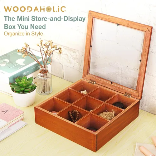Vista 2 de Mini caja de almacenamiento de madera de 9 ranuras con estuche de acrílico transparente coleccionables, caja organizadora cuadrada de madera