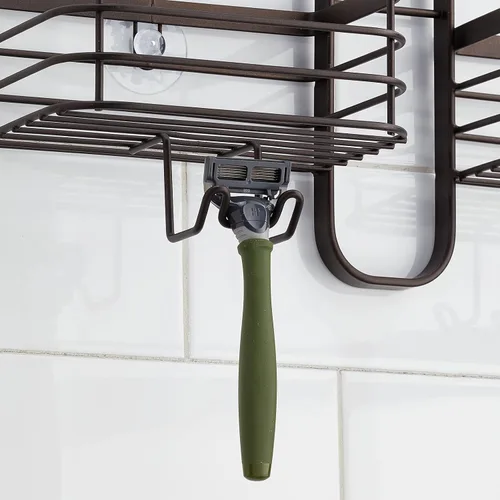 Vista 5 de mDesign Carrito de ducha colgante de acero metálico, estante organizador de 4 cestas para baño; sostiene cabezal de ducha de mano, manguera, champú