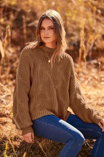 Vista 8 de PRETTYGARDEN Suéteres de otoño de gran tamaño para mujer, estilo casual, cuello redondo, manga larga, tejido trenzado grueso, blusa