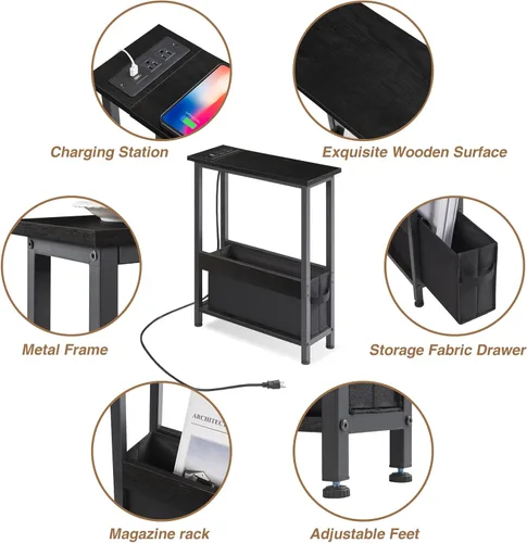 Vista 7 de BAMGROW Mesa auxiliar de carga delgada con almacenamiento, para espacios pequeños y dormitorio (negro)