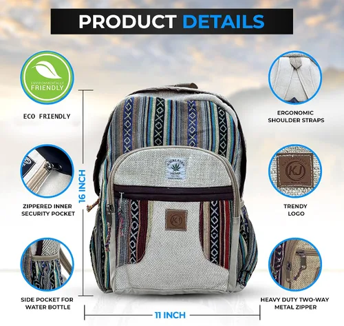 Vista 3 de Mochila Nepal de cáñamo grande hecha a mano natural con múltiples bolsillos