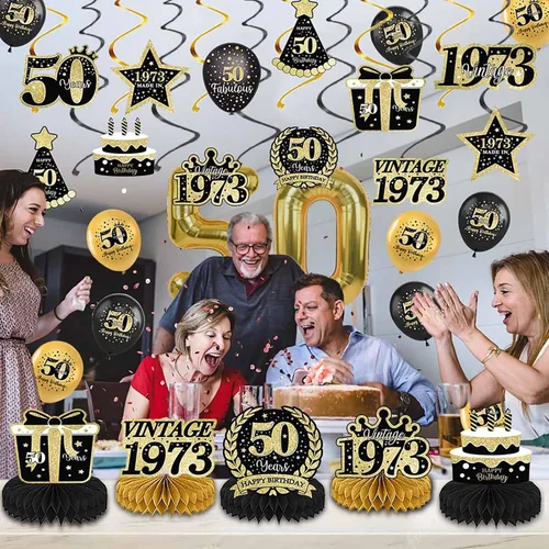 Vista 5 de Decoraciones de fiesta de cumpleaños número 50 en negro y dorado para mujeres y hombres, saludos a los 50 años, pompones de papel, remolino