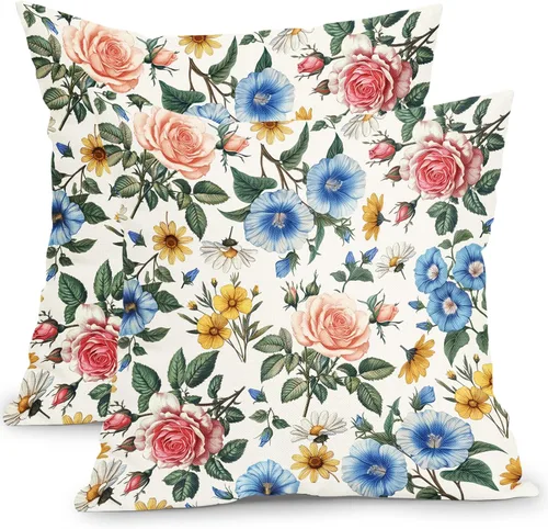 Vista 21 de Fundas de cojín decorativas primavera-verano 40x40 cm, juego de 2 fundas de cojín verdes con flores botánicas, fundas de cojín decorativas para Aqua