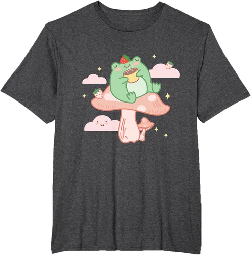 Vista 23 de Kawaii Strawberry Frog On Mushroom - Camiseta de manga corta de anime, Azul / Patchwork, S Azul Pastel