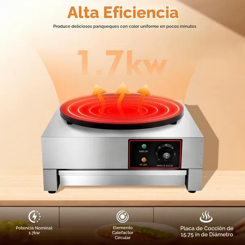 Vista 4 de Máquina eléctrica comercial de panqueques de 16 pulgadas, sartén antiadherente de acero inoxidable 430 de 1700 W, ajustable, 122-572 °F
