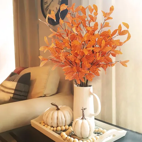 Vista 5 de 18 tallos artificiales de eucalipto de otoño, hojas de eucalipto, plantas de otoño con hojas de otoño para otoño, oficina, hogar, boda, centro