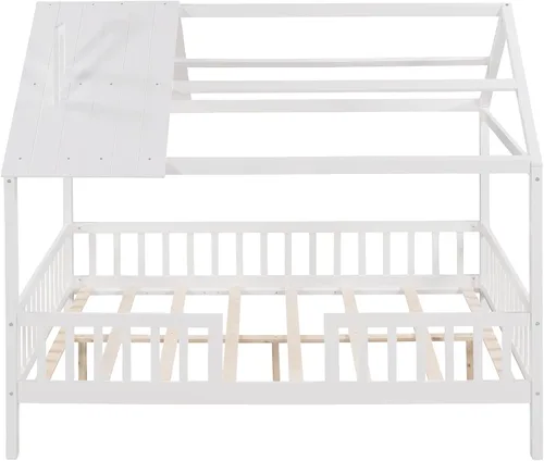 Vista 4 de Merax Cama de casa completa para niños, marco de cama matrimonial de madera en forma de casa, marco de cama con ventanas de techo y barandillas