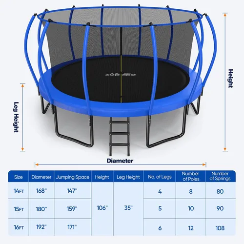Vista 7 de Zupapa Trampolín de 1600 libras con diseño sin huecos de 16 15 y 14 pies con red y escalera