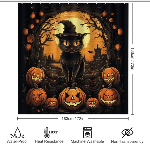 Vista 2 de Juego de 4 cortinas de ducha de Halloween, gato negro, luna llena, calabaza aterradora, cortina de ducha y alfombras, juego de cortina de ducha