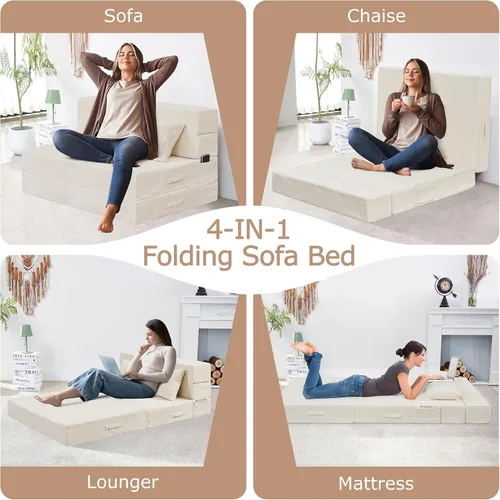 Vista 4 de Sofá Cama Individual Plegable Silla Sofá Cama con Almohada, Twin, Beige Cama de silla plegable