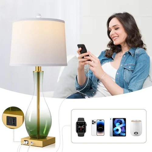 Vista 25 de Juego de 2 lámparas de mesa de cristal de 27 pulgadas con puertos USB, lámparas táctiles para mesita de noche 3-Way Dimmable,E26 Base, Bulbs