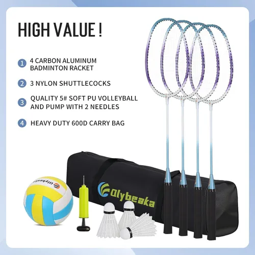 Vista 3 de Portable Volleyball & Badminton Combo Net Set for Backyard Beach with 2 Nets (20ft and 32ft), Adjustable Poles, PU Volleyball, Aluminum Rackets and