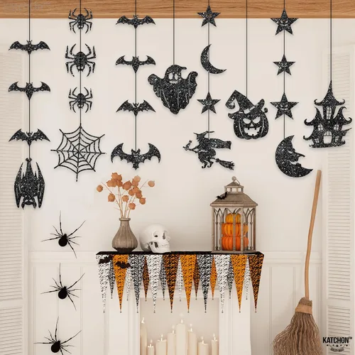 Vista 8 de KatchOn, Guirnalda de Halloween negra con purpurina, enorme, paquete de 10 unidades, guirnalda de decoración de fiesta de Halloween con recortes