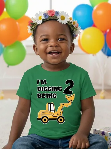 Vista 4 de Tstars Conjunto de construcción de segundo cumpleaños para niños pequeños – Camiseta I'm Digging Being 2 – Bulldozer Digger Truck Tee Manga regular
