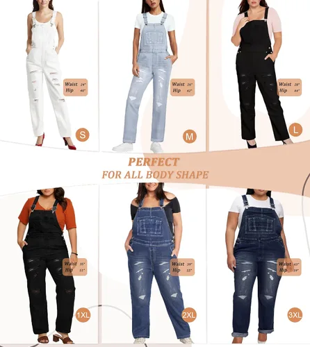 Vista 4 de Hybrid & Company Overol de mezclilla ajustable destruido casual para mujer, overol elástico