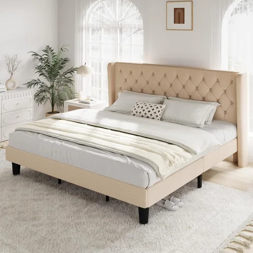 Vista 10 de Allewie Base de cama de tamaño matrimonial con cabecera copetuda con botones en la parte trasera, marco de cama tapizado moderno con soporte
