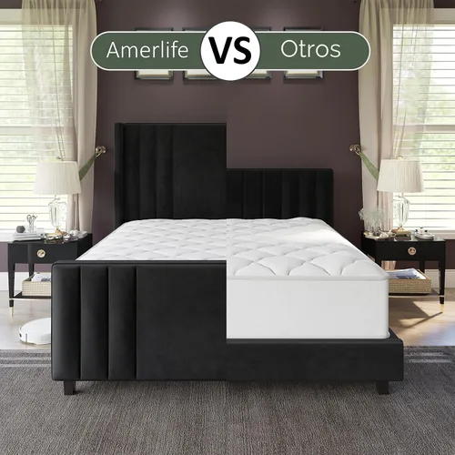 Vista 4 de AMERLIFE Armazón de cama tamaño Queen, plataforma tapizada de terciopelo con cabecera capitonada de canal vertical y pie de cama/respaldo alto, base