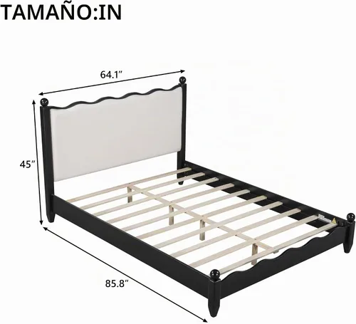 Vista 2 de Merax Base de cama moderna de madera maciza con cabecera tapizada, marco de plataforma rústica tamaño Queen con patas de madera resistentes, no Tela