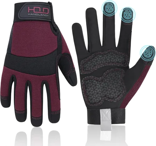 Vista 22 de HANDLANDY Guantes de trabajo para mujer, guantes de jardinería de cuero transpirable para mantenimiento de patio, protección de manos con pantalla