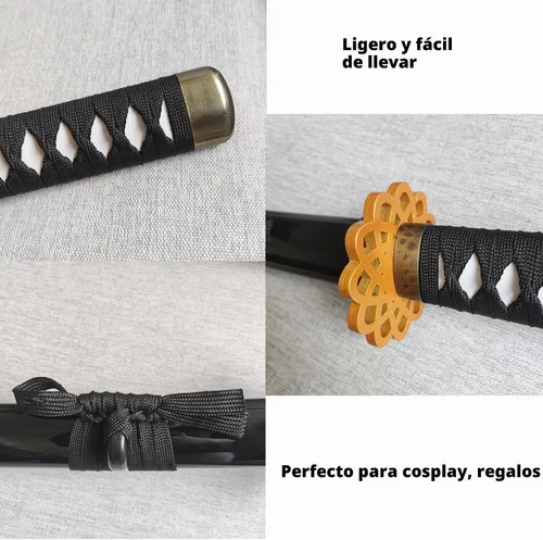 Vista 4 de Espada samurái de anime Katana negra de plástico de 40 pulgadas con protector dorado/azul para cosplay, accesorios de rendimiento