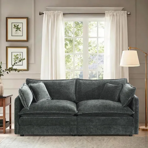 Vista 74 de Sofá seccional modular convertible de 76.7", sofás de dos plazas de chenilla con asiento profundo y cojines tipo loveseat para sala de estar, Beige