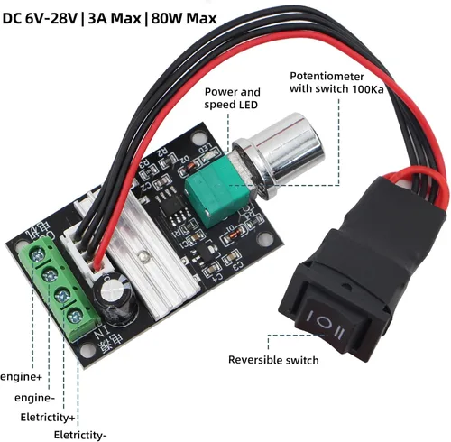 Vista 2 de RioRand Pequeño controlador de velocidad de motor PWM DC - para motores de engranajes de bajo voltaje de 6 V, 12 V, 24 V, 28 V, 3 A, 80 W