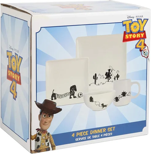Vista 4 de Toy Story - Juego de vajilla de cerámica de 4 piezas con diseño de garabatos, bonitos dibujos de líneas de personajes, hermosos platos cuadrados