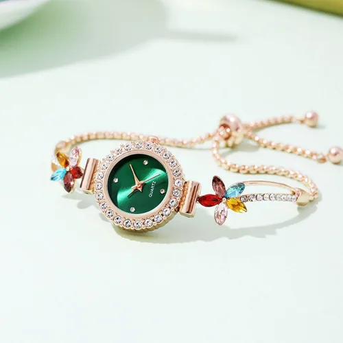 Vista 6 de ADSBIAOYE Reloj de pulsera floral simple de moda para mujer, reloj de lujo ligero de cuarzo con diamantes Dorado