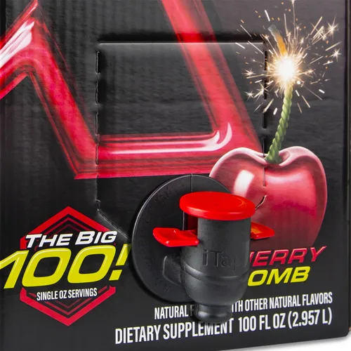Vista 3 de XMODE Extra Strength Energy Shots on Tap - Sabor a bomba de cereza, sin azúcar, 150 mg de cafeína por oz, B12, 100 porciones (1 onza), dispensador