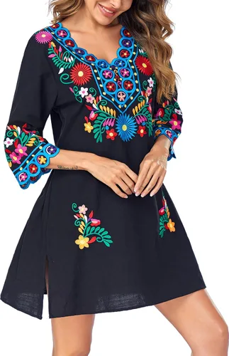 Vista 5 de YZXDORWJ Vestido floral mexicano bordado con cuello en V para mujer, vestido bohemio tradicional floral de manga larga