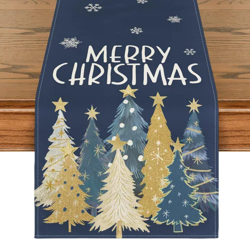 Vista 11 de Artoid Mode Camino de Mesa de Feliz Navidad con Árboles de Navidad y Copos de Nieve Rojos 210 GSM, Decoración de Mesa de Comedor de Cocina