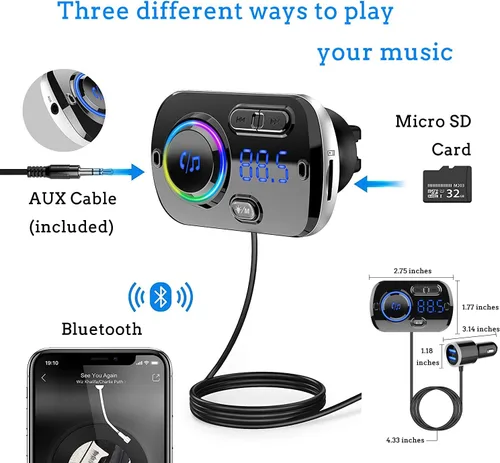 Vista 7 de Transmisor FM Bluetooth 5.0 manos libres kit de coche con carga rápida QC 3.0 adaptador de radio de coche con micrófono CVC reducción de ruido