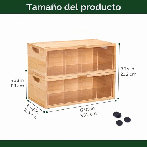 Vista 3 de Organizador apilable de bambú para bolsitas de té, 2 piezas Gran capacidad, juego de cajas Natural