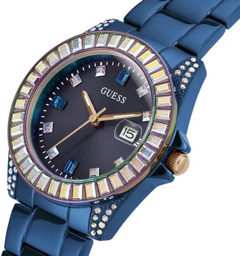 Vista 3 de GUESS US - Reloj analógico de cristal azul e iridiscente para mujer, Arco iris