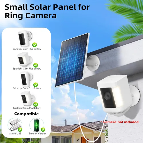 Vista 2 de KEPEAK Panel Solar para Cámara Ring al Aire Libre, Cargador Solar Pequeño de 5V con Tipo C o Micro USB, Solo para Batería de Cámara Stick Up Cam