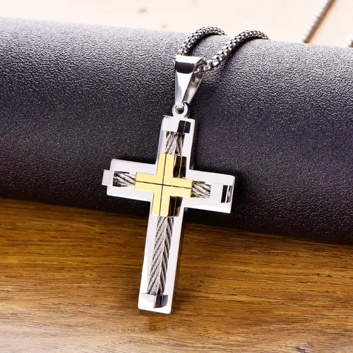 Vista 7 de YL Collar de cruz para hombre, acero inoxidable 316L, colgante de Jesucristo, cadena Rolo para 2022242628 pulgadas