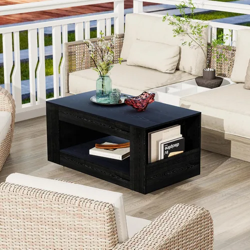 Vista 7 de Mesa de centro de grano de madera con estante abierto, mesa de cóctel moderna de alto brillo para sala de estar, dormitorio, oficina