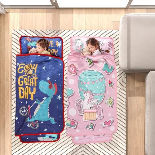 Vista 5 de TANOSHII® Tapete para siesta para niños pequeños con almohada y manta, tapete portátil para dormir para niños, para guardería, preescolar, 21 x 53