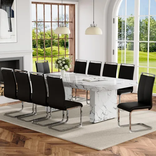 Vista 13 de Ebullient - Juego de mesa de comedor de mármol de 79 pulgadas para 6, mesa con patrón de mármol blanco de 3.5 pulgadas con base de MDF estable