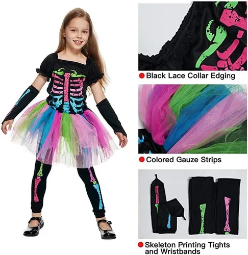 Vista 5 de EraSpooky Disfraz de esqueleto de Halloween para niña, falda tutú, cosplay aterrador