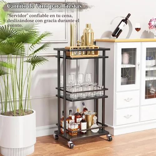 Vista 6 de OKZEST Carrito de barra de 3 niveles para el hogar, mini gabinete de licor Negro (Rustic Black)