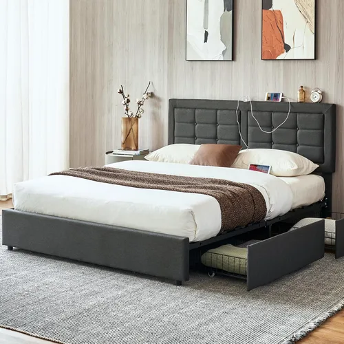 Vista 13 de VECELO Base de cama tamaño matrimonial, cabecera tapizada ajustable con botones, marco de cama resistente con soporte de listones de madera,