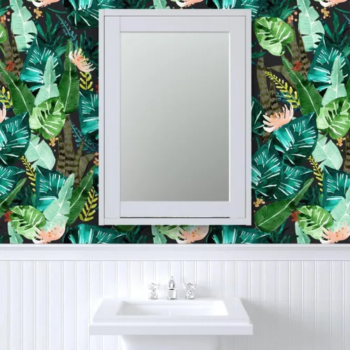 Vista 9 de Spoonflower Papel tapiz para despegar y pegar, hojas oscuras tropicales, hojas de plátano, selva, palma, verde, papel tapiz extraíble personalizado