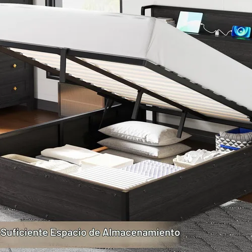 Vista 3 de AMERLIFE - Marco de cama de almacenamiento elevable de tamaño completo con estación de carga