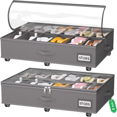 Vista 9 de homyfort Almacenamiento de zapatos debajo de la cama con ruedas, se adapta a 24 pares, organizador de zapatos rodante con soporte inferior y tapas