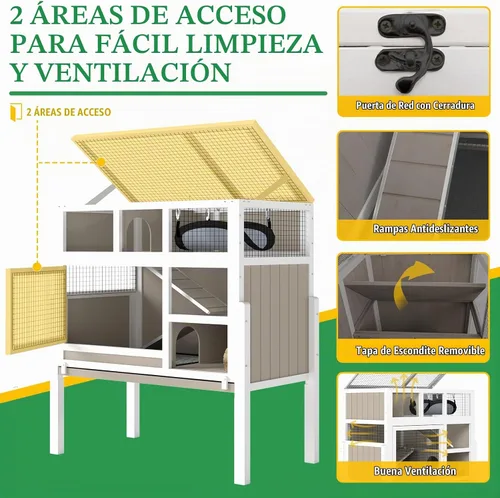 Vista 5 de Ketive Jaulas de conejillo de indias para interiores, jaula de madera para animales pequeños de 3 pisos con soporte